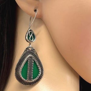 Vintage Afghani Tribal Earrings: Green Glass Stone, Boho Ethnic Jewelry