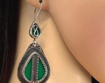 Vintage Afghani Tribal Earrings: Green Glass Stone, Boho Ethnic Jewelry