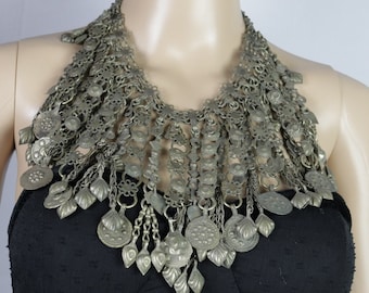 Vintage Afghan Bib Necklace Tribal Kuchi Statement Coin Boho Ethnic Jewelry
