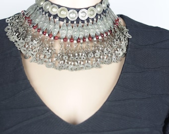 Vintage Afghan Choker Necklace Tribal Kuchi Coin Bib Boho Statement Jewelry