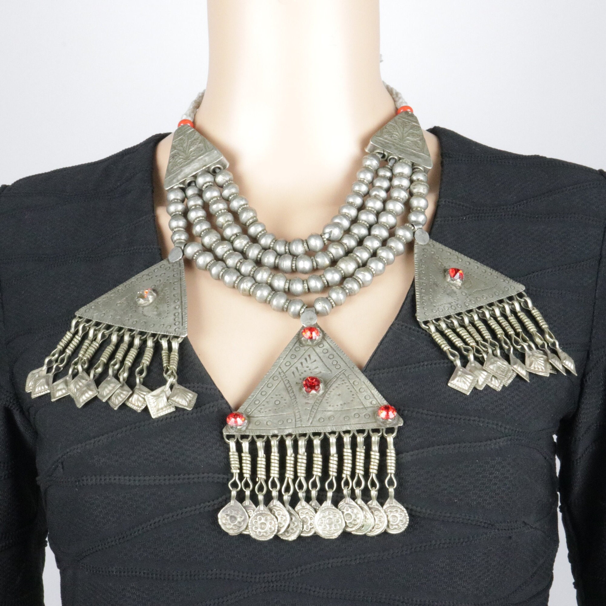 Vintage Afghan Multilayer Beaded Pendant Necklace - Tribal Kuchi