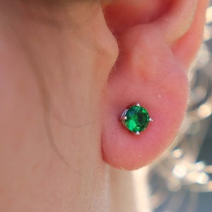 5mm Round Sterling Silver Emerald Stud Earrings ~ Small Emerald Earrings in Sterling Silver