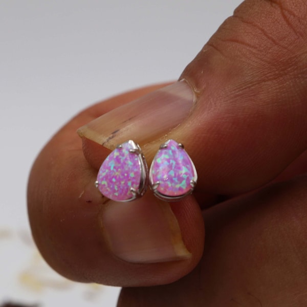 Pink Teardrop Fire Opal Earrings in Sterling Silver