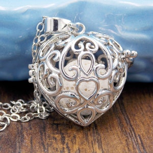 Big Silver Heart Aromatherapy Necklace ~  Heart Locket with Natural Lava Stone for diffusing Essential Oils