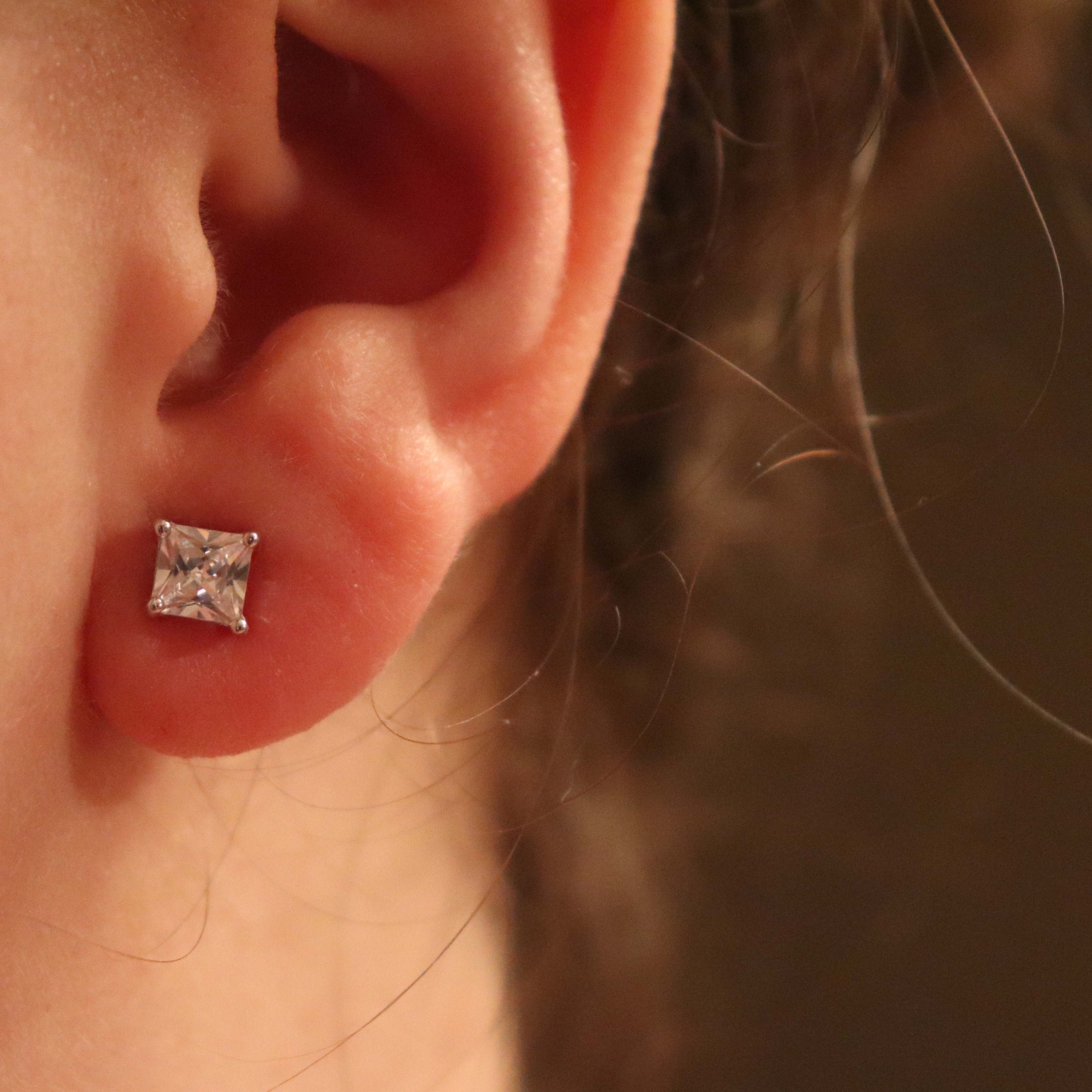 4mm Square Sterling Silver Stud Earrings Set Small Clear Crystal