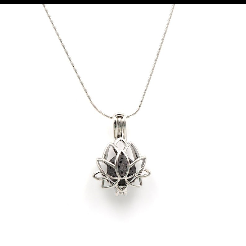 Dainty Lotus Essential Oil Diffuser Necklace ~ Sterling Silver Chain and Silver Plated Floral Locket with Natural Lava Stones