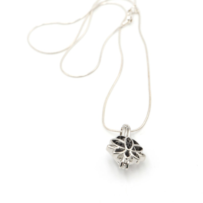 Dainty Lotus Essential Oil Diffuser Necklace ~ Sterling Silver Chain and Silver Plated Floral Locket with Natural Lava Stones