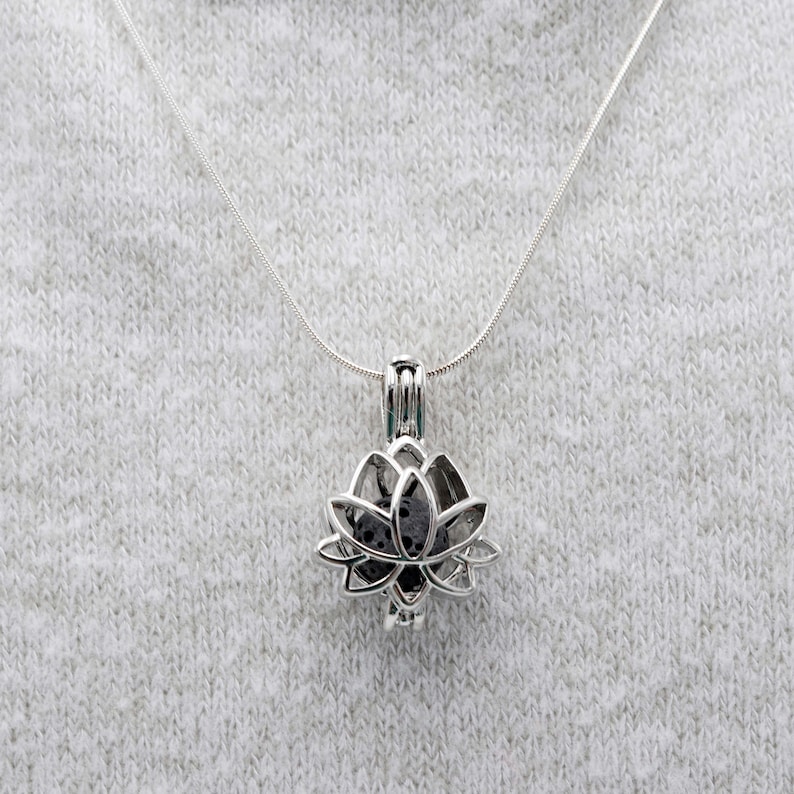 Dainty Lotus Essential Oil Diffuser Necklace ~ Sterling Silver Chain and Silver Plated Floral Locket with Natural Lava Stones