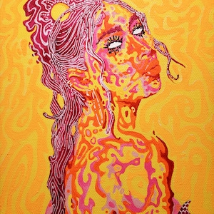 May include: An abstract painting of a person with a yellow background. The person's skin is a mix of orange, pink, and yellow, with red hair. The eyes are white with black details. The painting has a textured appearance.