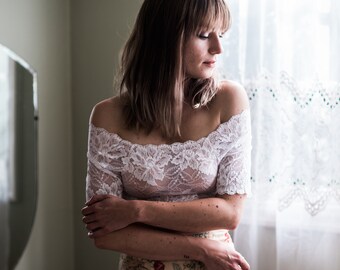 Lace crop top, off the shoulder t-shirt , boho lingerie in stretch lace by fidditchdesigns