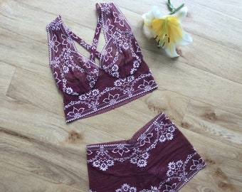 Two tone underwear, balconette racerback bralette and shortie set in dark sangria red lace