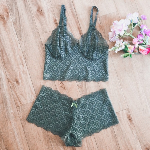 Bralette and French knicker set in olive green by fidditchdesigns