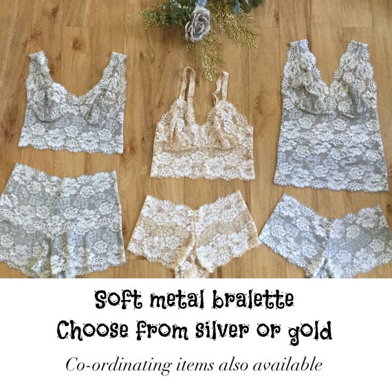Soft Metal ,balconette Lace Silver Bralette , Sexy , Comfortable Bra Top by  Fidditch Designs 