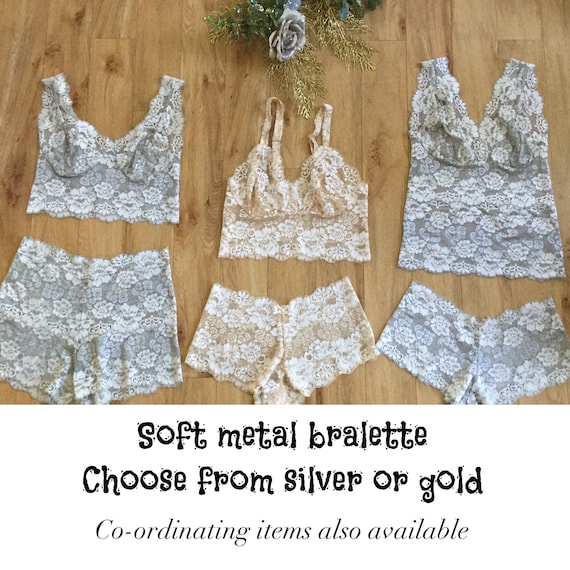 Soft Metal ,balconette Lace Silver Bralette , Sexy , Comfortable Bra Top by  Fidditch Designs 