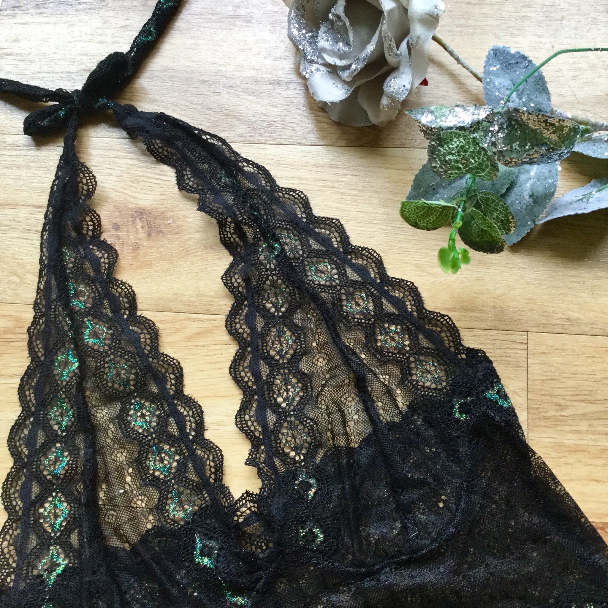 Black Lace Halter Top , Bralette and Shorts , Vintage Style Sexy Lingerie  Set, in See Through Black Lace With Emerald Diamonds. -  UK