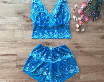 Conjunto de bralette largo y braguita francesa en tonos joya de la India. Lencería de estilo vintage, hecha a mano.