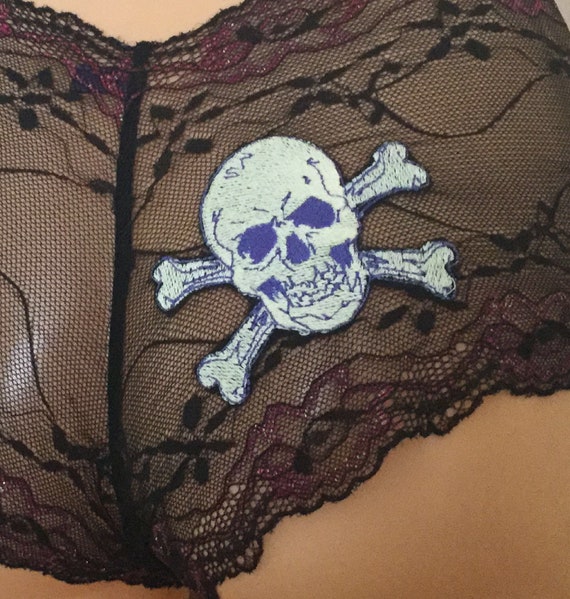Skull and Crossbones Embroidered Pants in Sheer Black. Unusual Lace Lingerie  , Alternative Clothing, Pirate Underwear -  Canada