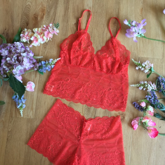 Coral Red Bralette and French Knickers Set ,see Through Lace Lingerie Set  by Fidditch 