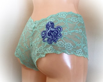 Octopus  embroidered pants in sea green. Unusual lace lingerie, mermaid panties, alternative  clothing, quirky underwear