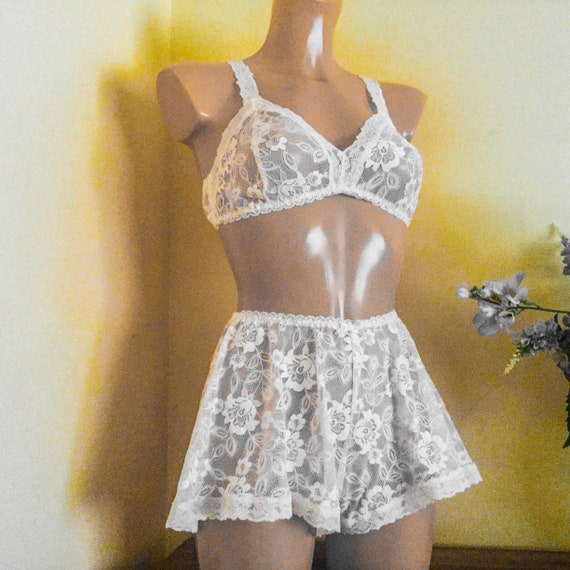 Ivory Lace Bralet and Tap Pants . Pinup Style Lingerie by