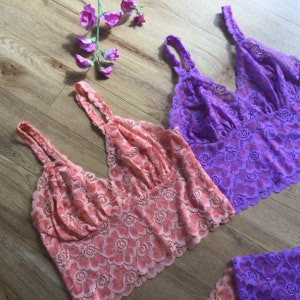 Soft and bright  lingerie set ,  bralette and knickers in handdyed  lace, choice of orange or purple  by fidditch