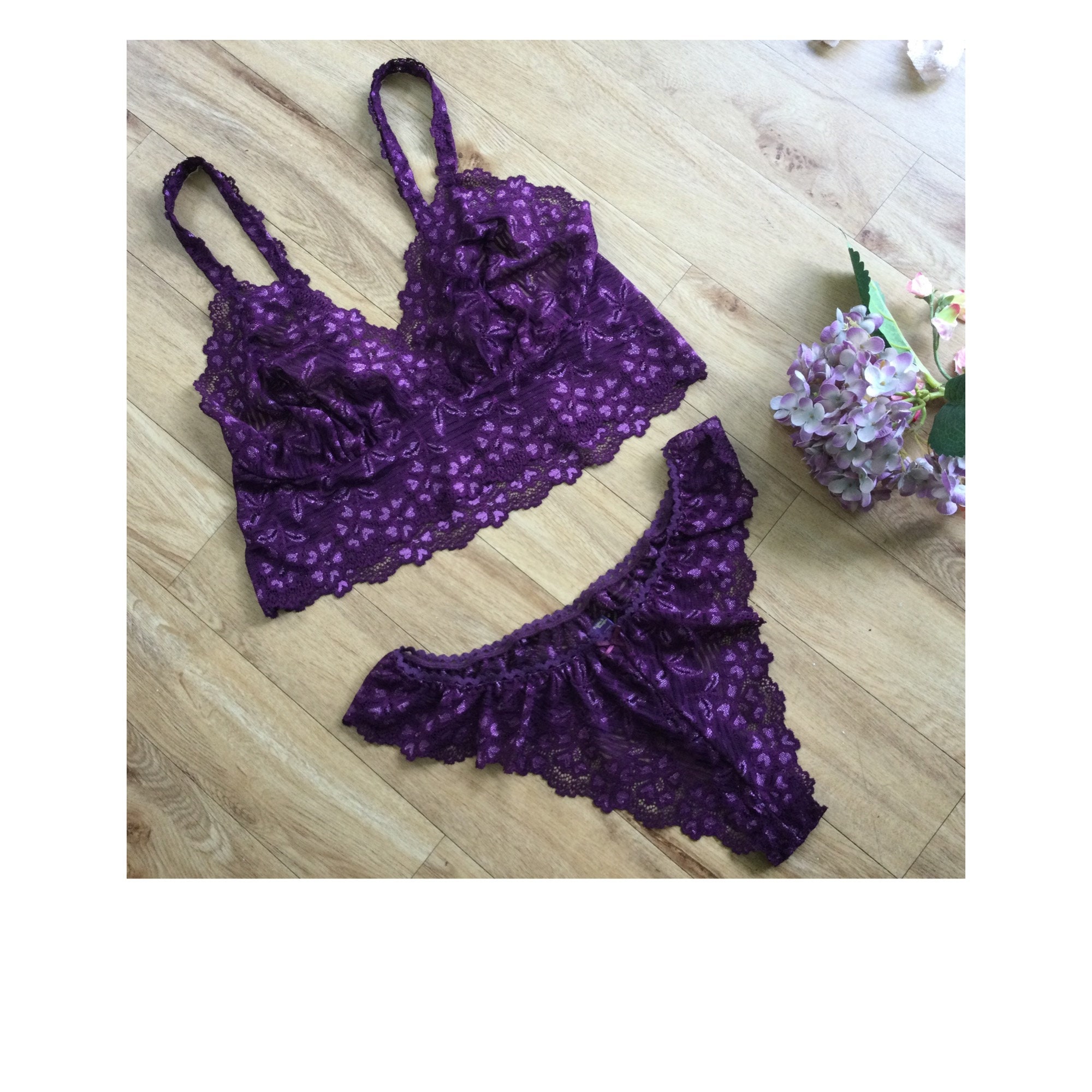 Purple Lingerie Set, Aubogene and Lavender Plus Size Thong and Bralette  Sexy Underwear by Fidditchdesigns 