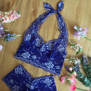 Balconette halter bralette in blue and white floral lace by fidditchdesigns.