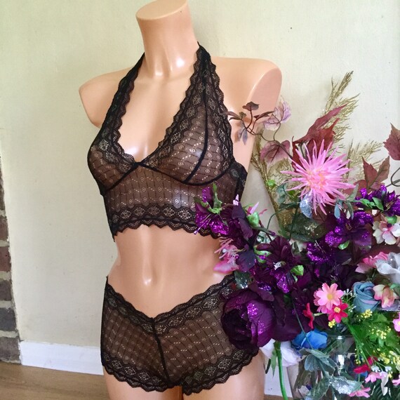 Black Lace Halter Top , Bralette and Shorts , Vintage Style Sexy Lingerie  Set, in See Through Black Lace With Emerald Diamonds. -  UK