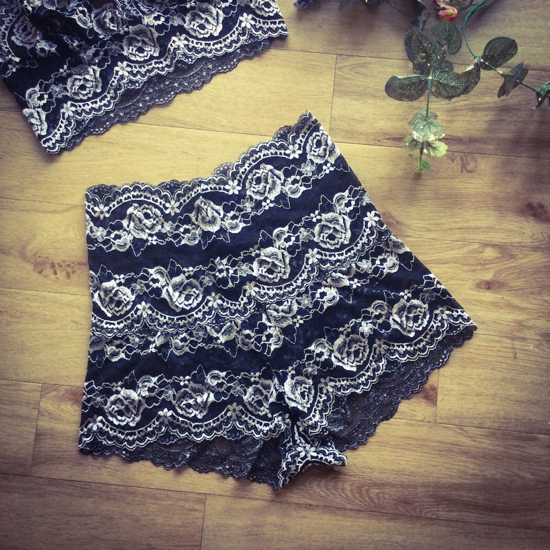 Black With Cream Roses , Retro Style Panties, Full Lace Knickers