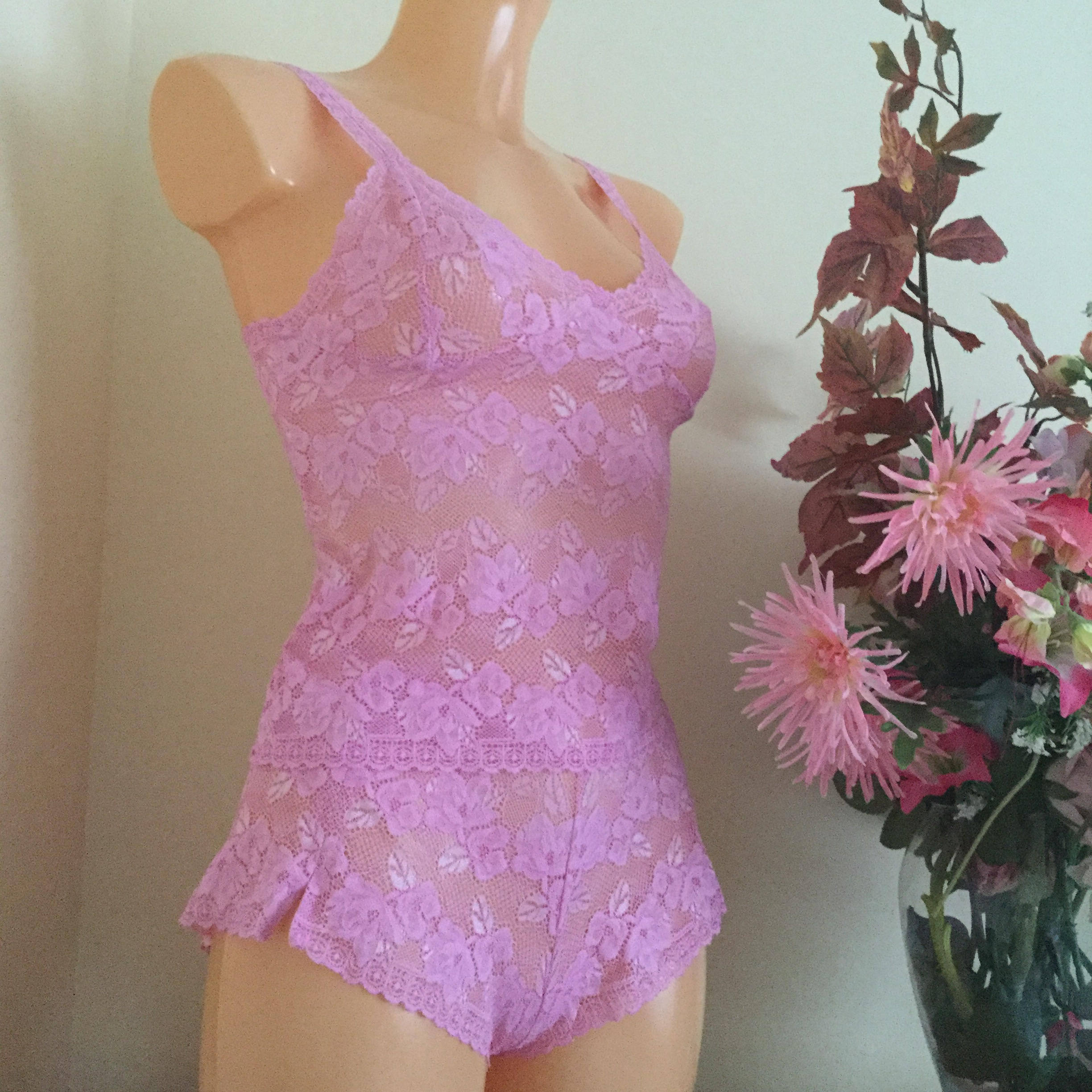 Image of Camisole Set in Sugar Pink Stretch Lace Handmade By Fidditchdesigns