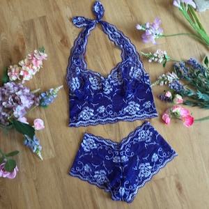 Balconette halter bralette set in  blue and white floral lace by fidditchdesigns.