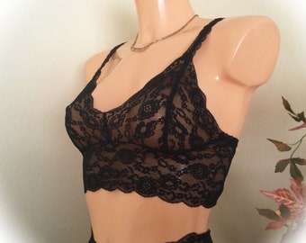 Black Flat lace bralette, small cup style bra ,pretty mastectomy top with  matching briefs or thong.