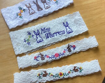 Liga de novia bordada: Liga de novia de encaje de conejo y flores