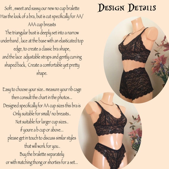 Black Flat Lace Bralette, Small Cup Style Bra ,pretty Mastectomy Top With  Matching Briefs or Thong. 