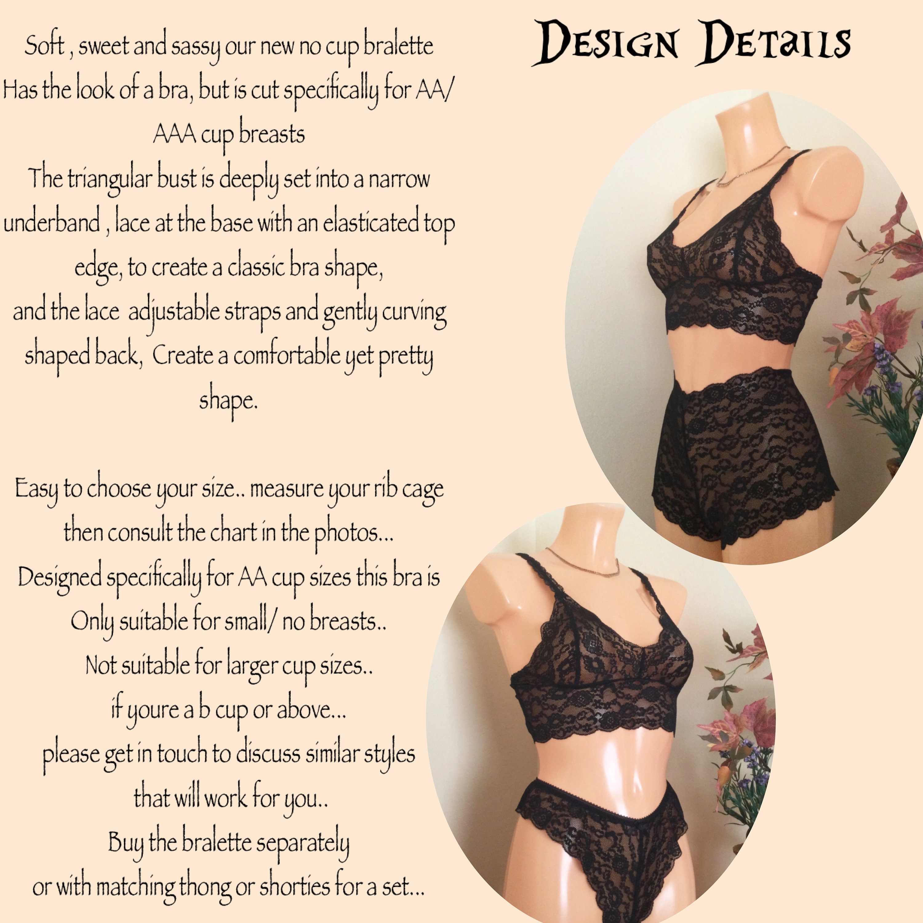Black Flat Lace Bralette, Small Cup Style Bra ,pretty Mastectomy Top With  Matching Briefs or Thong. -  Denmark