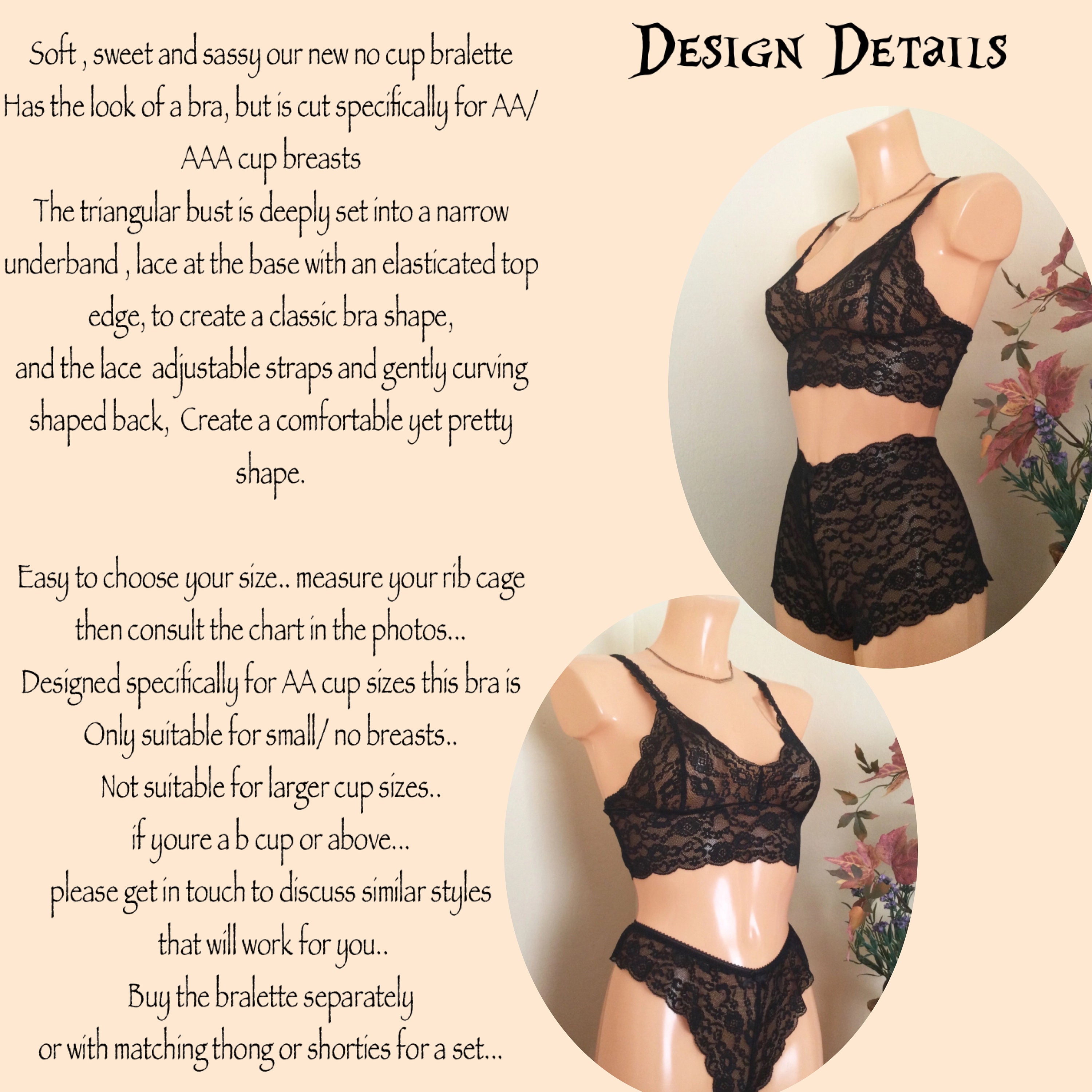 Black Flat Lace Bralette, Small Cup Style Bra ,pretty Mastectomy Top With  Matching Briefs or Thong. -  Israel