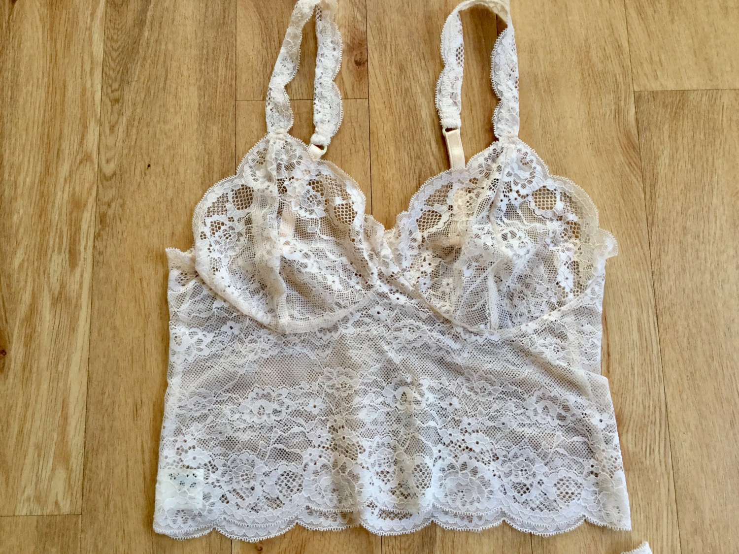 Dark cream romantic lace sheer bralette and French knicker | Etsy
