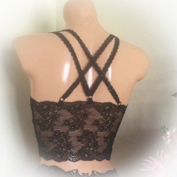 Strappy crop Bralette top in black lace. Gothic style lingerie with crossed straps and gathered detailing.