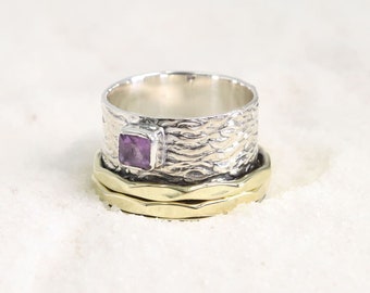 Unique Design Two Tone Sterling Silver Spinner Ring with Amethyst Gemstone