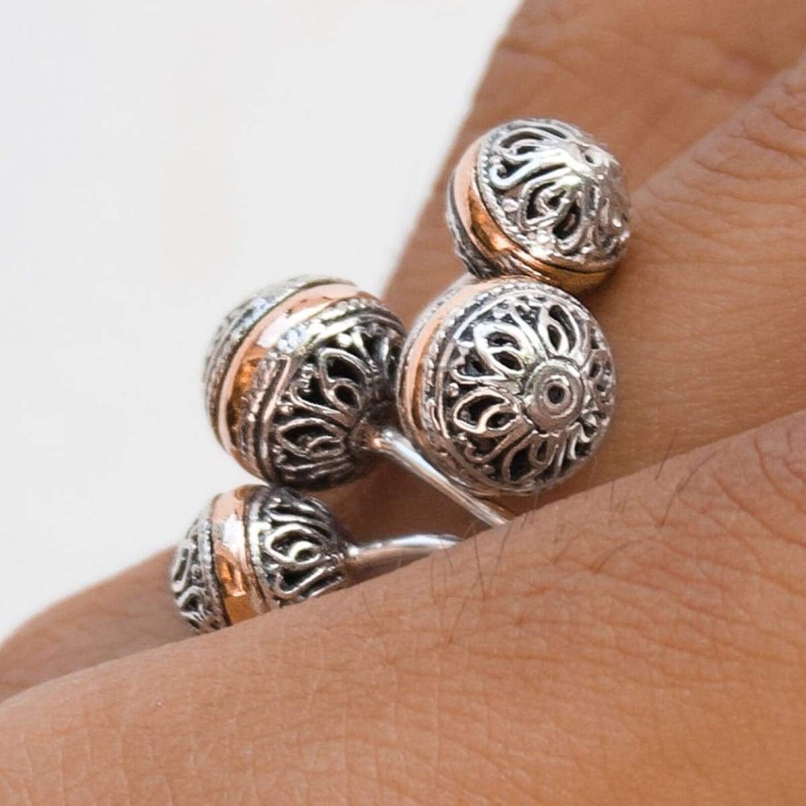 Bali Silver Ring Balls With Gold 18K Adjustable Sterling Etsy