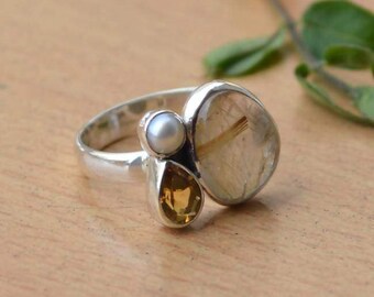 African Golden Yellow Rutile Quartz Ring, Citrine, South Sea Pearl Solid 925 Sterling Silver Ring, November Birthstone Ring, Gift Jewelry