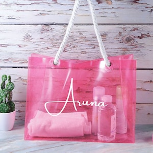 Personalisierte Neon Transparent Einkaufstasche, Brautjungfer Bachelorette Strandparty Geschenk, klare Einkaufstasche, Strandtasche, Benutzerdefinierte Brautjungfer Vorschlag Geschenk