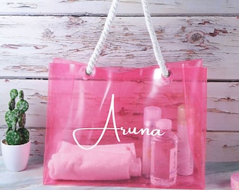 Gepersonaliseerde transparante draagtas neon, bruidsmeisje vrijgezellenfeest cadeau strandfeest, doorzichtige draagtas, strandtas, aangepast cadeau voorstel bruidsmeisje