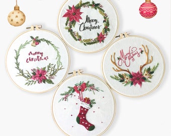 Christmas Embroidery Kit diy beginner, modern floral pattern Hand Embroidery Full Kit, DIY Embroidery Hoop Wall Art Kit ,Christmas diy Gift