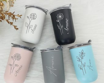 Gepersonaliseerde 10oz roestvrijstalen geboortebloemen bruiloftsbeker, koffiekop geboortebloemen, cadeau bruidsmeisje, geïsoleerde beker, cadeau bruidsmeisje, cadeau bruidsmeisje