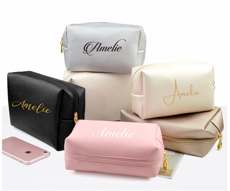 Borsa cosmetica personalizzata, borsa per il trucco in pelle personalizzata, regalo per damigella d'onore, organizzatore, borsa per feste da damigella d'onore, regalo per lei, regalo damigella d'onore immagine 1