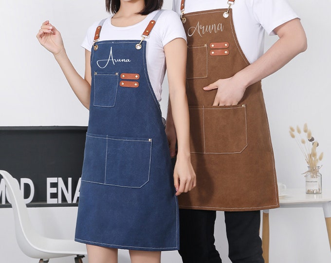 Personalized Unisex Canvas Apron, Custom Cross Back Artist Apron for Men, Women, Birthday Gift, BBQ Apron, Gardener Gift, Housewarming Gift