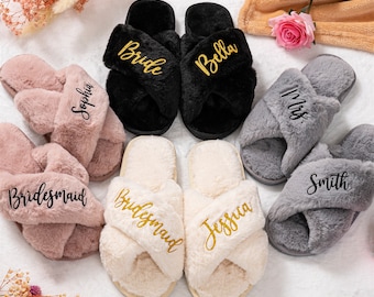 Custom Fluffy Bride Slippers,Fluffy Cross slippers,Bride to Be Gift,Bridesmaid Gift,Bachelorette Party,Bridesmaid Slippers,Gigt for her.
