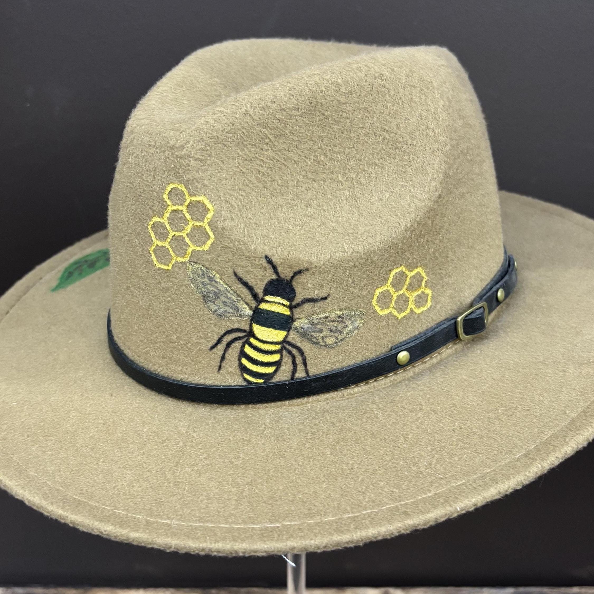 Sunflower and Bee Fedora Hat – Hand-painted Brown Polyester  display picture 3