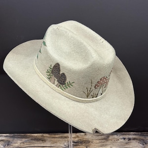Custom Handmade Burned Mushroom Cowgirl Hat Mushroom Burned Hat, Mushroom Engraved Cowboy Hat, Mushroom  main image 2